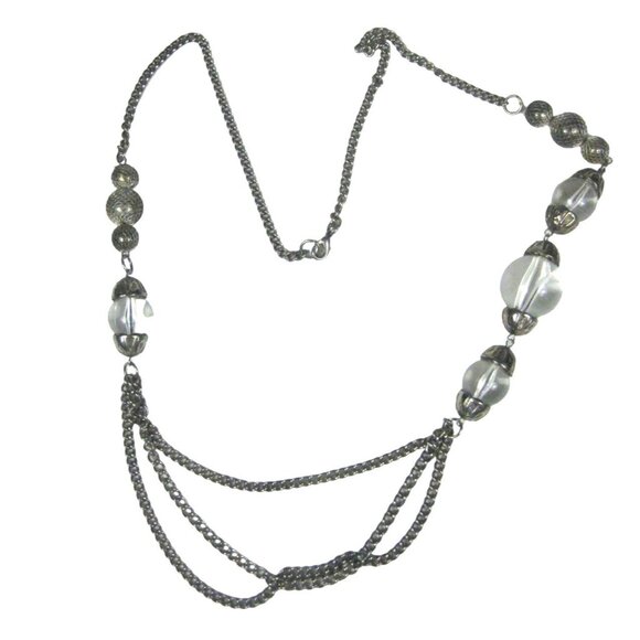 Silvertone Multi Strand Chain Necklace Clear Lucite Beads Mesh Spheres 33 inch - Picture 1 of 11